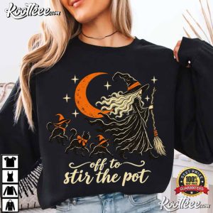 Off To Stir The Pot Vintage Witch Halloween Black Cat Witchy T Shirt (3)