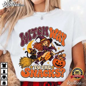 Witch Way To The Snacks Funny Retro Halloween T Shirt (4)