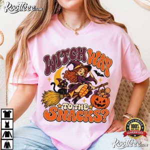 Witch Way To The Snacks Funny Retro Halloween T Shirt (1)
