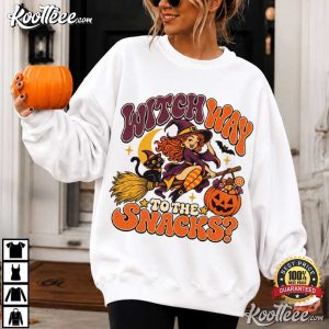 Witch Way To The Snacks Funny Retro Halloween T Shirt (2)