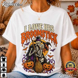 I Love His Broomstick Funny Halloween Skeleton Couple T Shirt (1)
