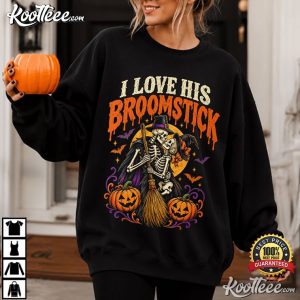 I Love His Broomstick Funny Halloween Skeleton Couple T Shirt (2)