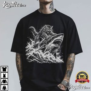 Angry Cat Riding Shark Funny Ocean Animal Graphic T Shirt (1)