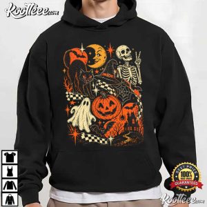 Black Cat Ghost Skeleton Retro Halloween Y2K Spooky T Shirt (4)