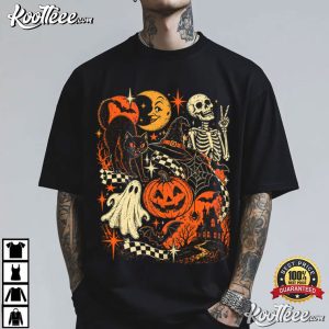 Black Cat Ghost Skeleton Retro Halloween Y2K Spooky T Shirt (1)