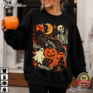 Black Cat Ghost Skeleton Retro Halloween Y2K Spooky T Shirt (2)
