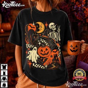 Black Cat Ghost Skeleton Retro Halloween Y2K Spooky T Shirt (3)