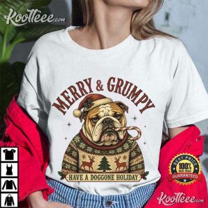 Merry And Grumpy Funny Bulldog Christmas Holiday T Shirt (4)