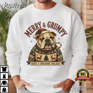 Merry And Grumpy Funny Bulldog Christmas Holiday T Shirt (2)