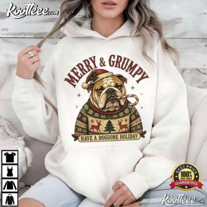 Merry And Grumpy Funny Bulldog Christmas Holiday T Shirt (3)