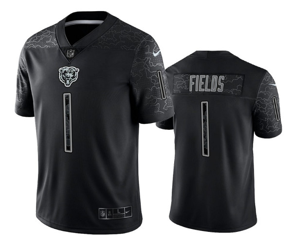 Mens Chicago Bears 1 Justin Fields Black Reflective Limited Stitched Football Jersey 1 1