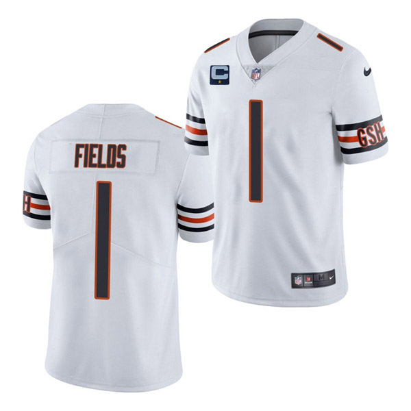Mens Chicago Bears 2022 1 Justin Fields White With 1 Star C Patch Vapor Untouchable Limited Stitched Jersey 1 1