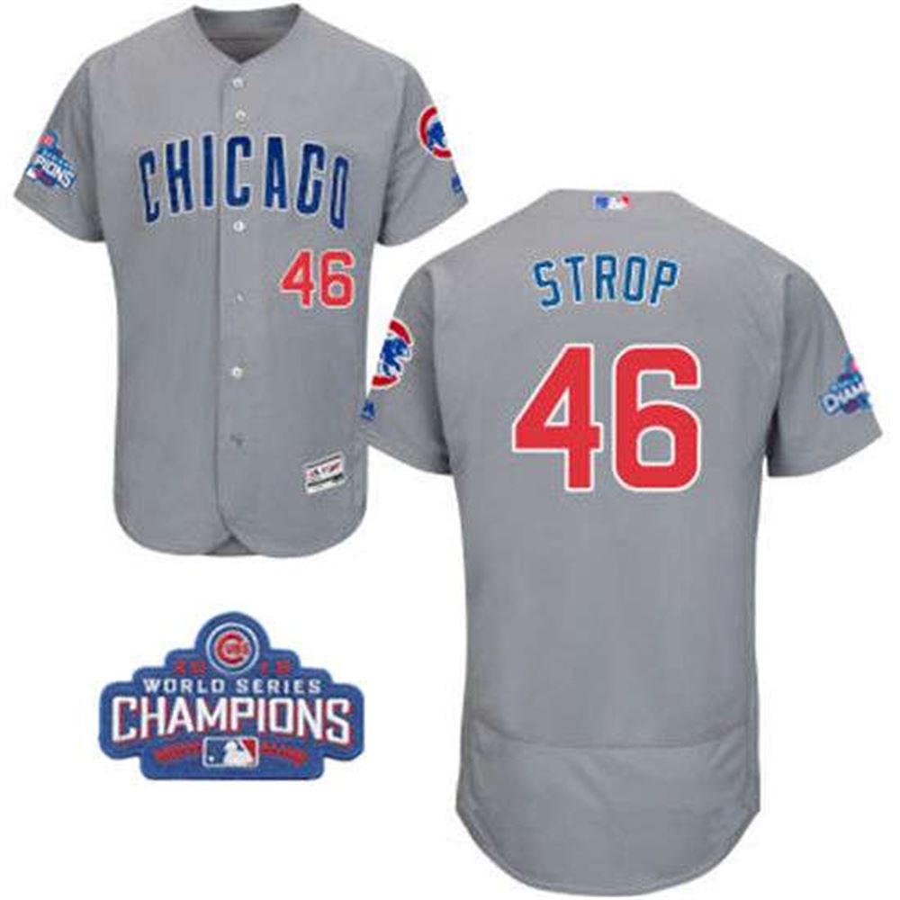 Chicago Cubs #46 Pedro Strop Gray Road Majestic Flex Base 2016 World Series Champions Patch Jersey