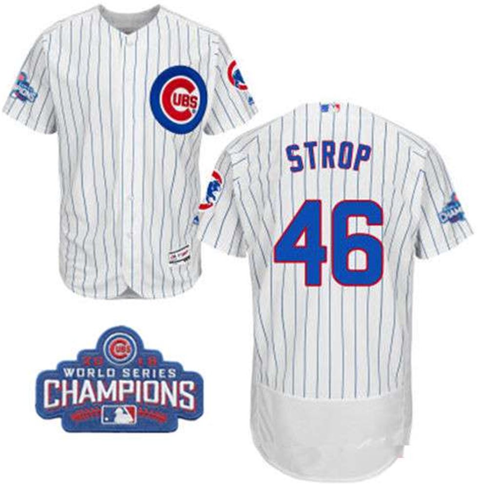 Chicago Cubs #46 Pedro Strop White Home Majestic Flex Base 2016 World Series Champions Patch Jersey