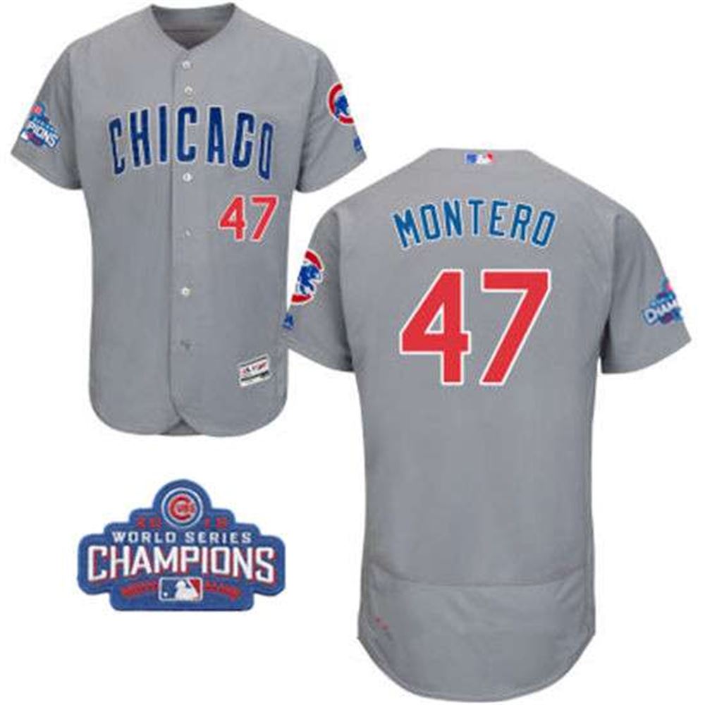 Chicago Cubs #47 Miguel Montero Gray Road Majestic Flex Base 2016 World Series Champions Patch Jersey