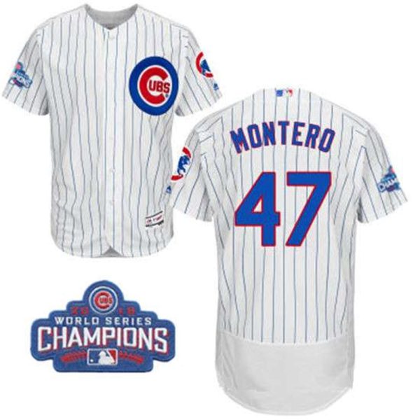 Chicago Cubs 47 Miguel Montero White Home Majestic Flex Base 2016 World Series Champions Patch Jersey