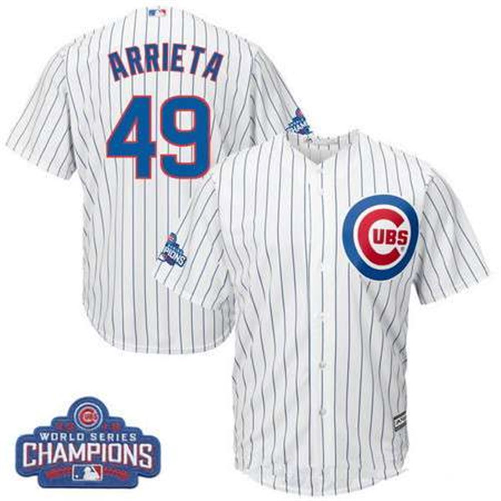 Chicago Cubs #49 Jake Arrieta Majestic White Home 2016 World Series Champions Team Logo Patch Player Jersey