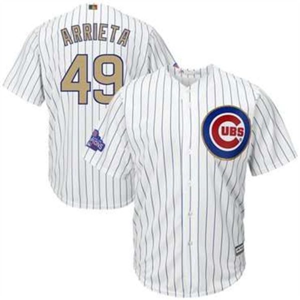 Chicago Cubs 49 Jake Arrieta White World Series Champions Gold Stitched MLB Majestic 2017 Cool Base Jersey