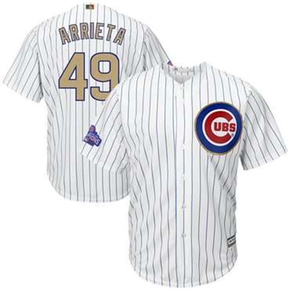 Chicago Cubs #49 Jake Arrieta White World Series Champions Gold Stitched MLB Majestic 2017 Cool Base Jersey