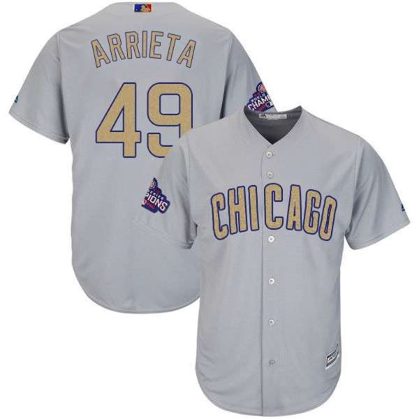 Chicago Cubs 49 Jake Arrieta World Series Champions Gold Program Cool Base Stitched MLB Jersey