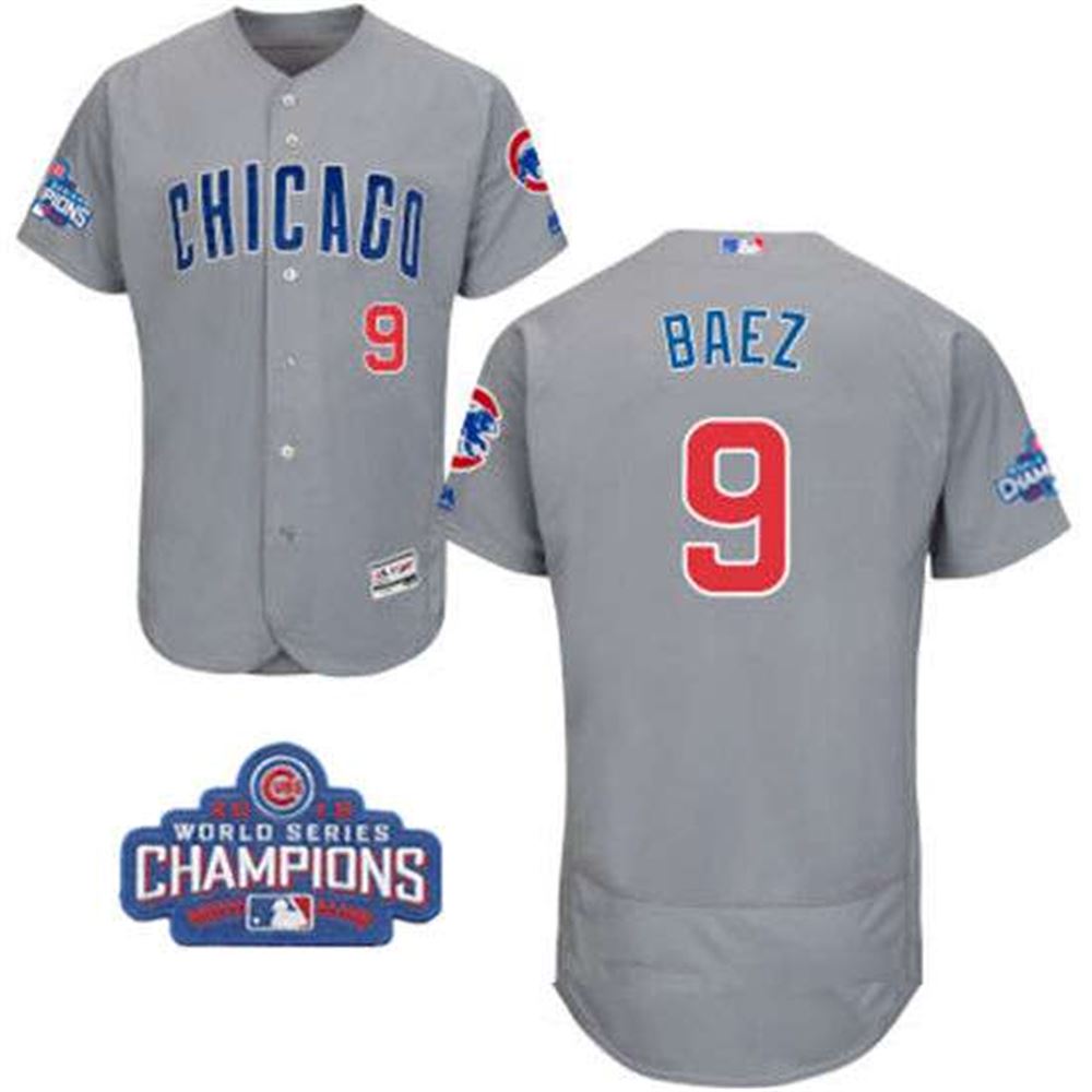 Chicago Cubs #9 Javier Baez Gray Road Majestic Flex Base 2016 World Series Champions Patch Jersey