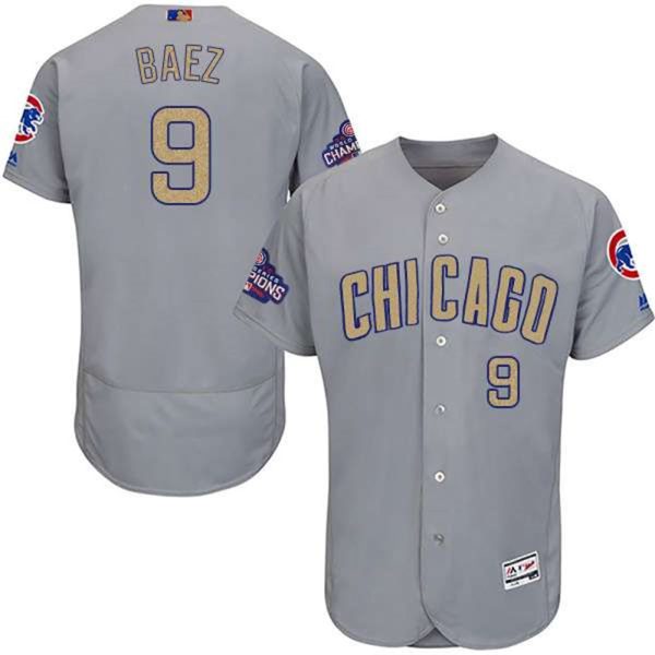Chicago Cubs 9 Javier Baez Gray World Series Champions Gold Program Flexbase Stitched MLB Jersey
