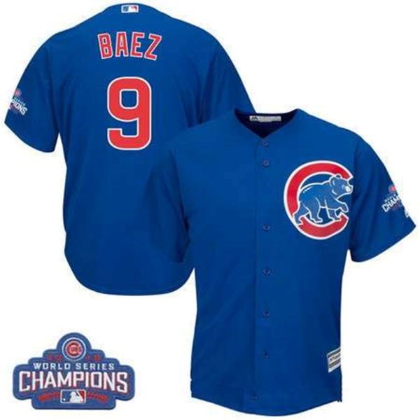 Chicago Cubs 9 Javier Baez Majestic Royal Blue 2016 World Series Champions Team Logo Patch Player Jersey