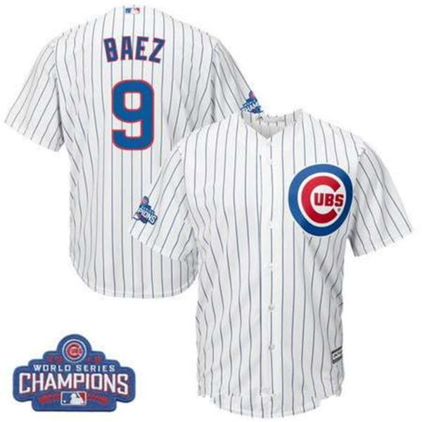 Chicago Cubs 9 Javier Baez Majestic White Home 2016 World Series Champions Team Logo Patch Player Jersey
