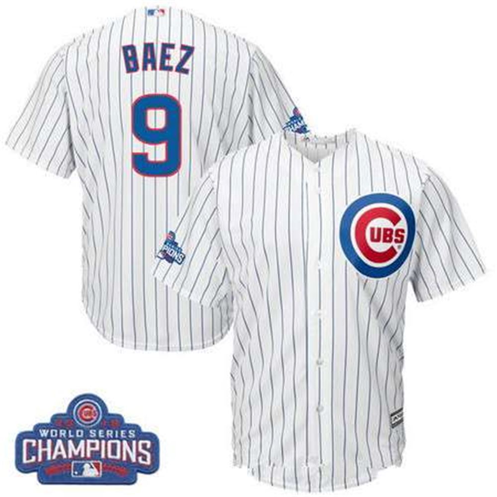 Chicago Cubs #9 Javier Baez Majestic White Home 2016 World Series Champions Team Logo Patch Player Jersey
