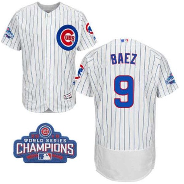 Chicago Cubs 9 Javier Baez White Home Majestic Flex Base 2016 World Series Champions Patch Jersey