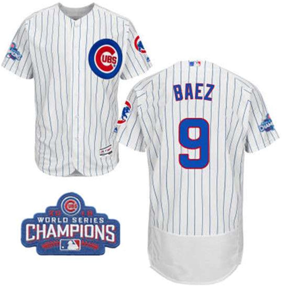 Chicago Cubs #9 Javier Baez White Home Majestic Flex Base 2016 World Series Champions Patch Jersey
