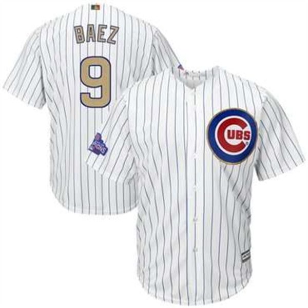 Chicago Cubs 9 Javier Baez White World Series Champions Gold Stitched MLB Majestic 2017 Cool Base Jersey