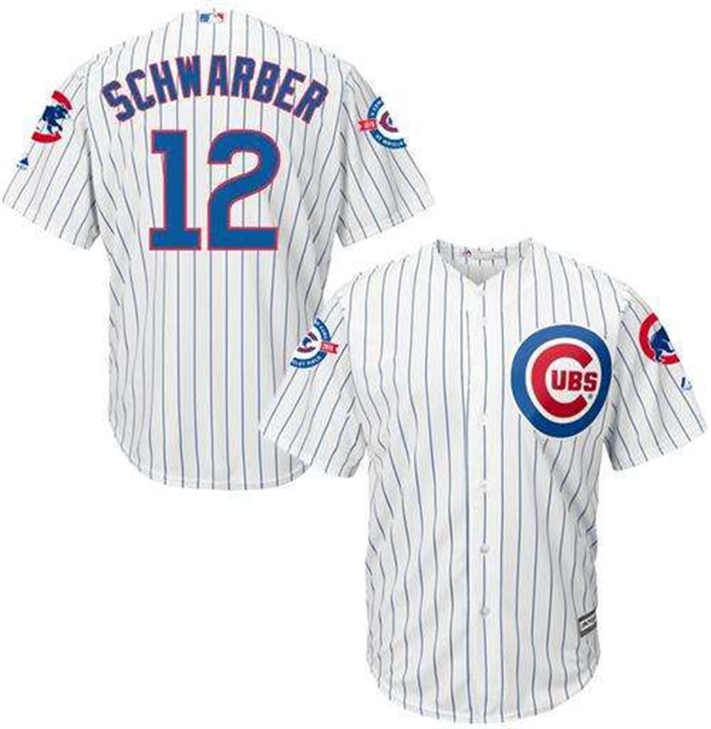 Cubs #12 Kyle Schwarber White Strip New Cool Base With 100 Years At Wrigley Field Commemorative Patch Stitched MLB Jersey