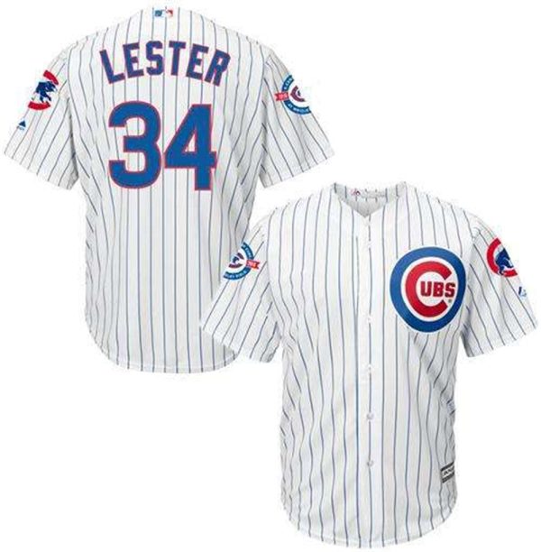 Cubs 34 Jon Lester White Strip New Cool Base With 100 Years At Wrigley Field Commemorative Patch Stitched MLB Jersey
