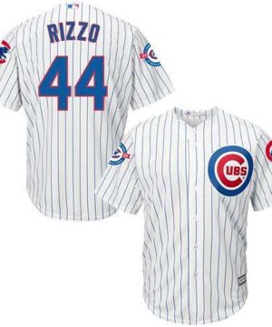 Cubs 44 Anthony Rizzo White Strip New Cool Base With 100 Years At Wrigley Field Commemorative Patch Stitched MLB Jersey