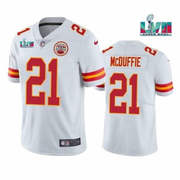 Kansas City Chiefs 21 Trent McDuffie White Super Bowl LVII Patch Vapor Untouchable Limited Stitched Jersey