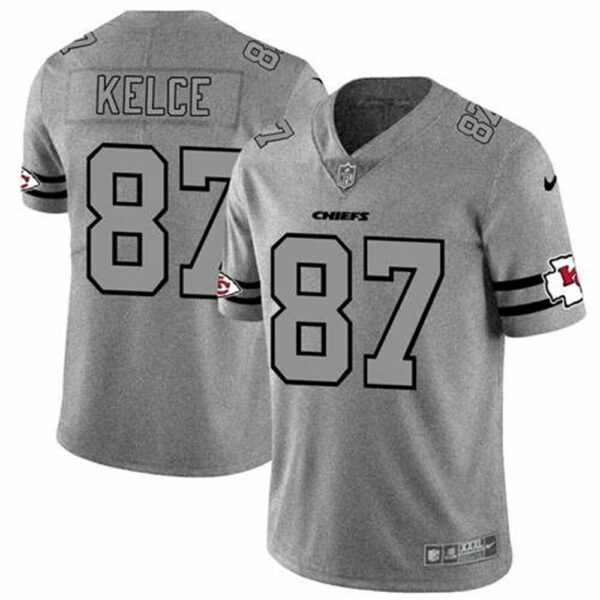 Kansas City Chiefs 87 Travis Kelce 2019 Gray Gridiron Team Logo Limited Stitched NFL Jersey