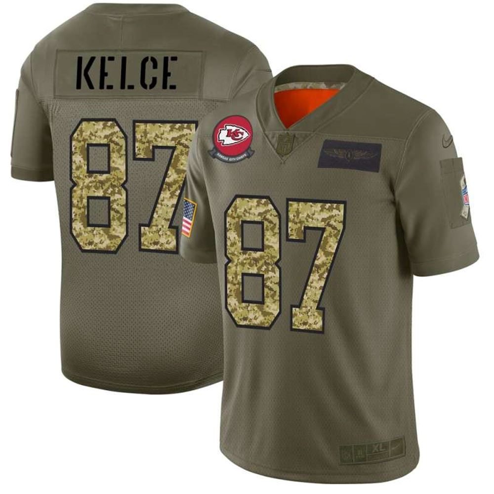 Travis Kelce 2019 Olive Camo Salute To Service Limited Stitched NFL Jersey