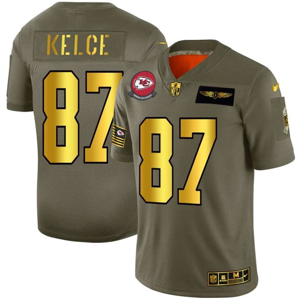 Travis Kelce 2019 Olive Gold Salute To Service Limited Stitched NFL Jersey