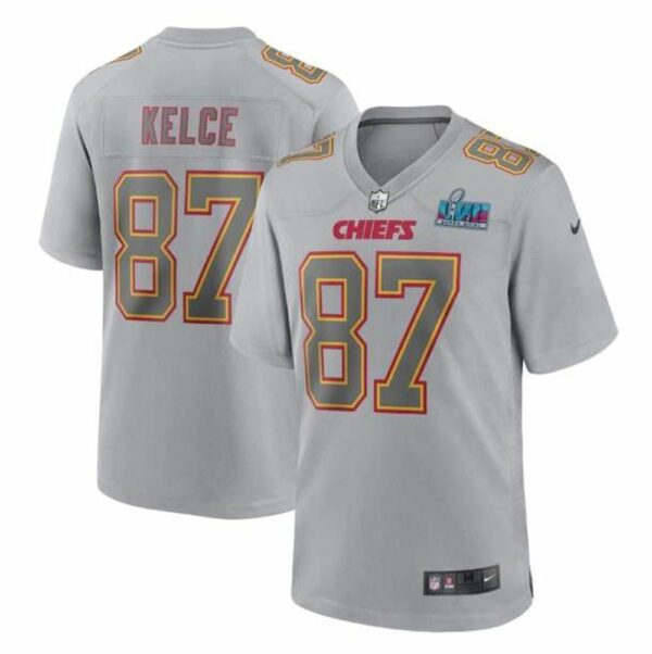 Kansas City Chiefs 87 Travis Kelce Gray Super Bowl LVII Patch Atmosphere Fashion Stitched Game Jersey