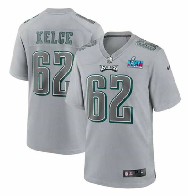 Philadelphia Eagles 62 Jason Kelce Gray Super Bowl LVII Patch Atmosphere Fashion Stitched Game Jersey