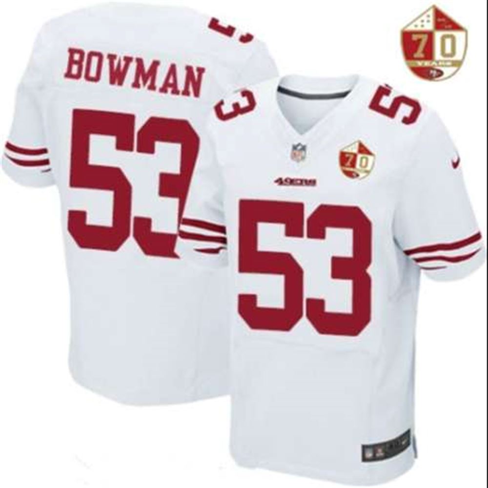 San Francisco 49ers #53 NaVorro Bowman White 70th Anniversary Patch Stitched NFL Elite Jersey