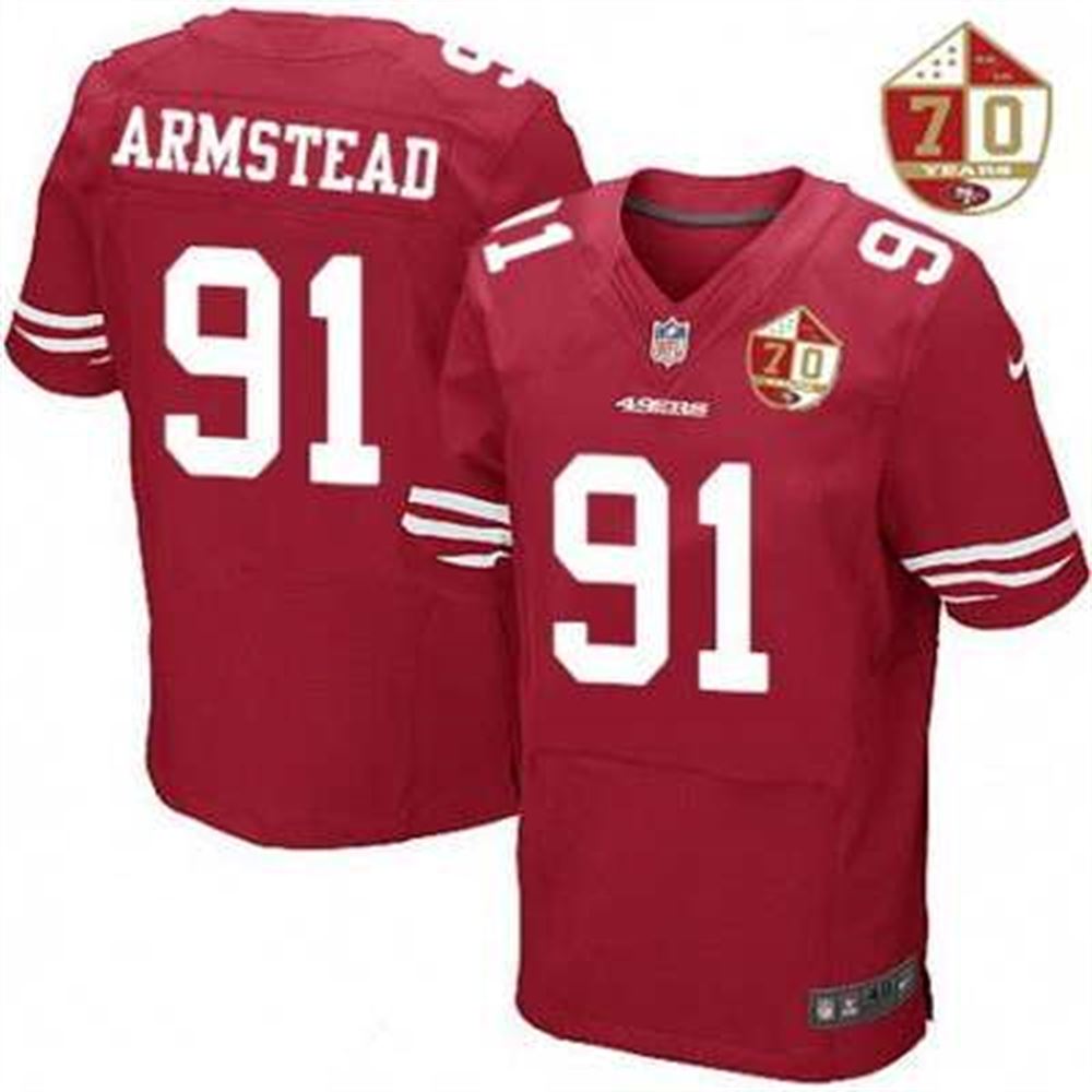 San Francisco 49ers #91 Arik Armstead Scarlet Red 70th Anniversary Patch Stitched NFL Elite Jersey