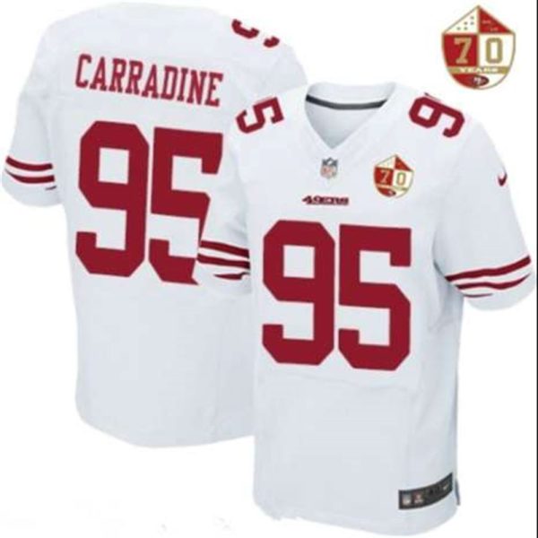 San Francisco 49ers 95 Tank Carradine White 70th Anniversary Patch Stitched NFL Nike Elite Jersey 1
