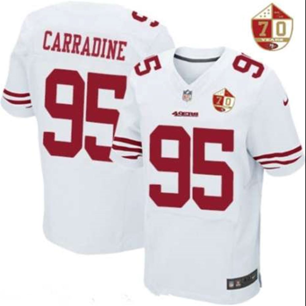 San Francisco 49ers #95 Tank Carradine White 70th Anniversary Patch Stitched NFL Elite Jersey