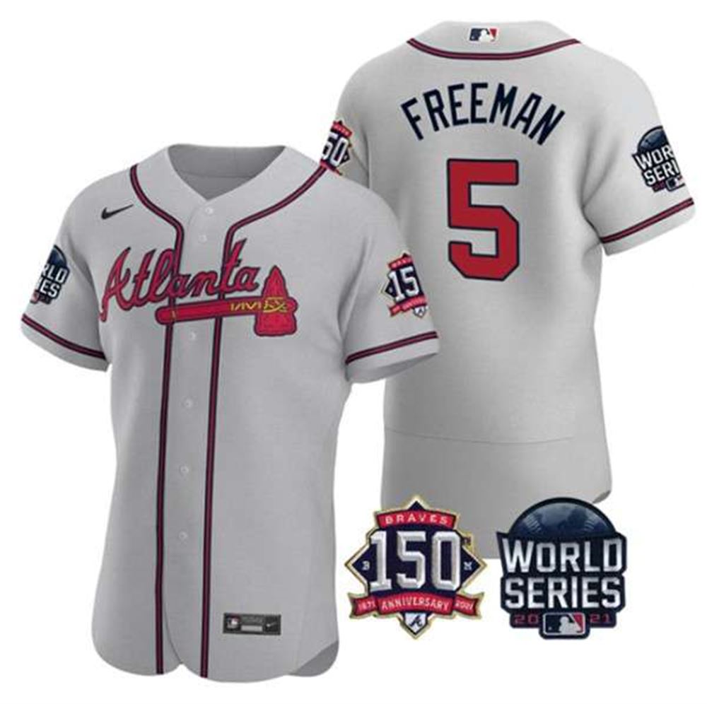Atlanta Braves #5 Freddie Freeman 2021 Gray World Series Flex Base With  150th Anniversary Patch Stitched