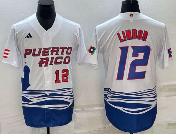 Mens Puerto Rico 12 Francisco Lindor White 2023 World Baseball Series Jersey