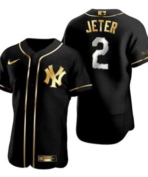 New York Yankees 2 Derek Jeter Black Gold Flex Base Stitched Baseball Jersey