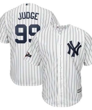 New York Yankees 99 Aaron Judge Majestic 2019 Postseason Official Cool Base Player White Navy Jersey
