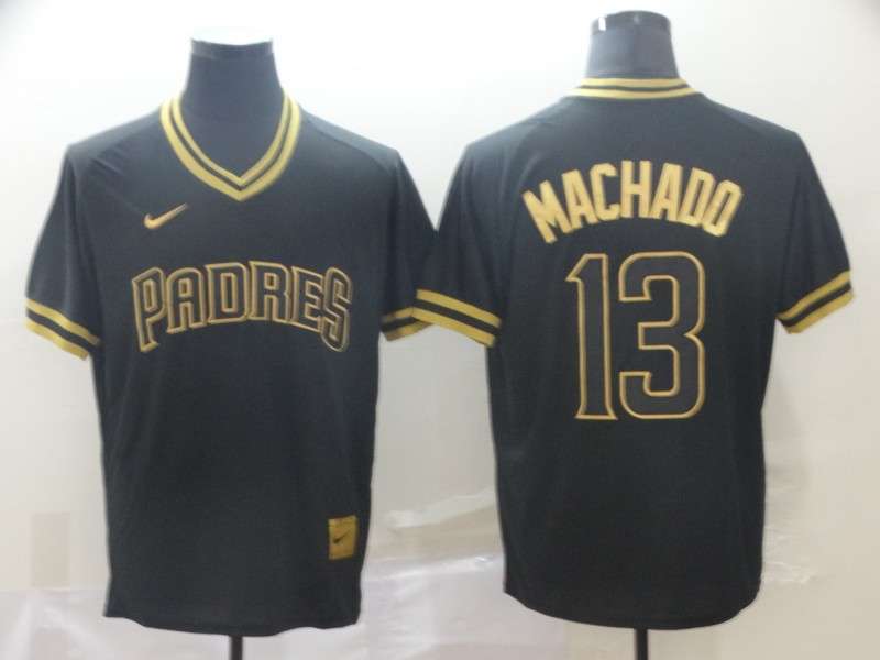 Padres 13 Manny Machado Black Gold Cooperstown Collection Legend V Neck Jersey